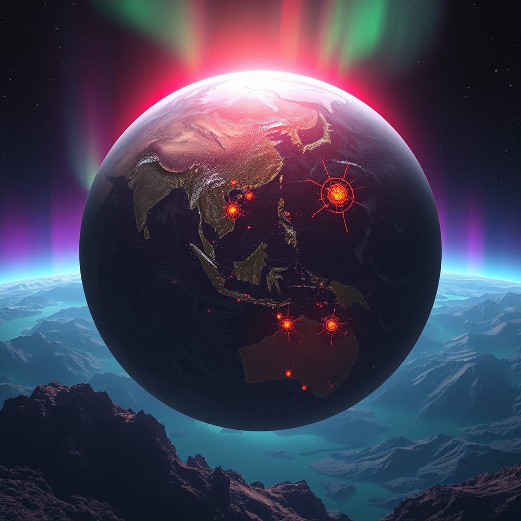 Vibrant Planet Omniterra with Luminous Aurora in Futuristic ...