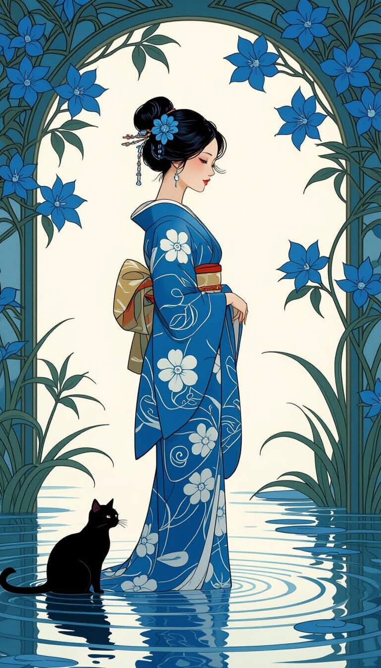 Art Nouveau Japanese Woman in Serene Garden