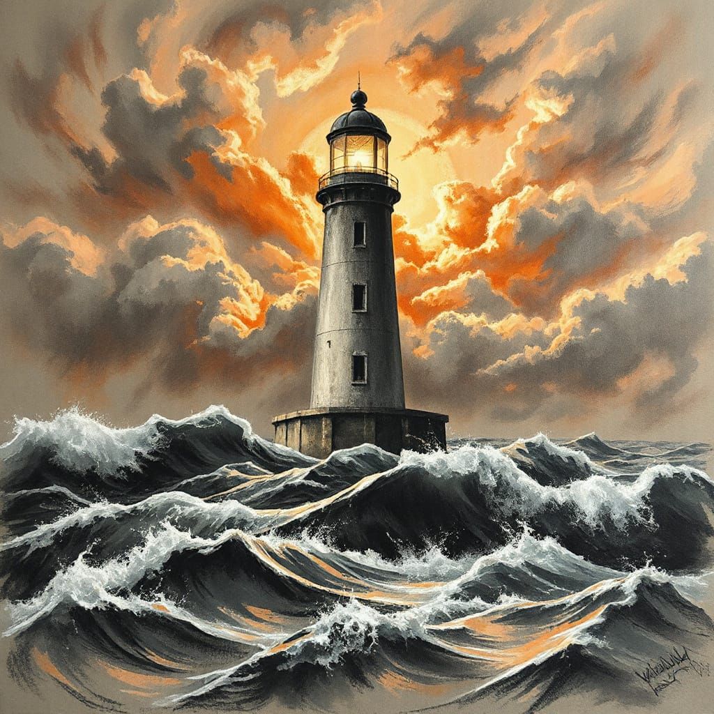 Charcoal Lighthouse Sketch Against Stormy Amber Sky