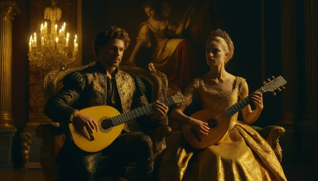 Baroque Woman with Lute Over Man in Golden Light