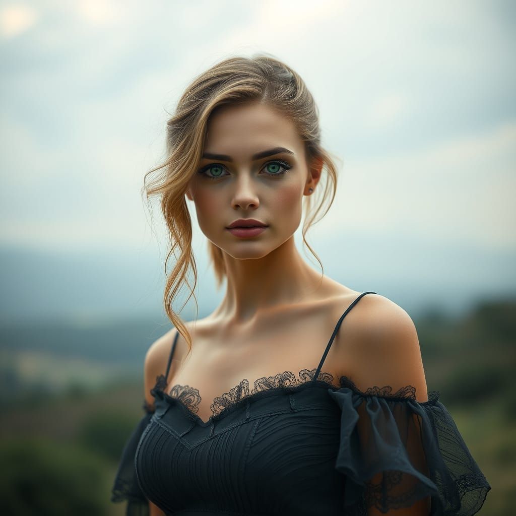 Ethereal Woman with Green Eyes in Dreamy Landscape