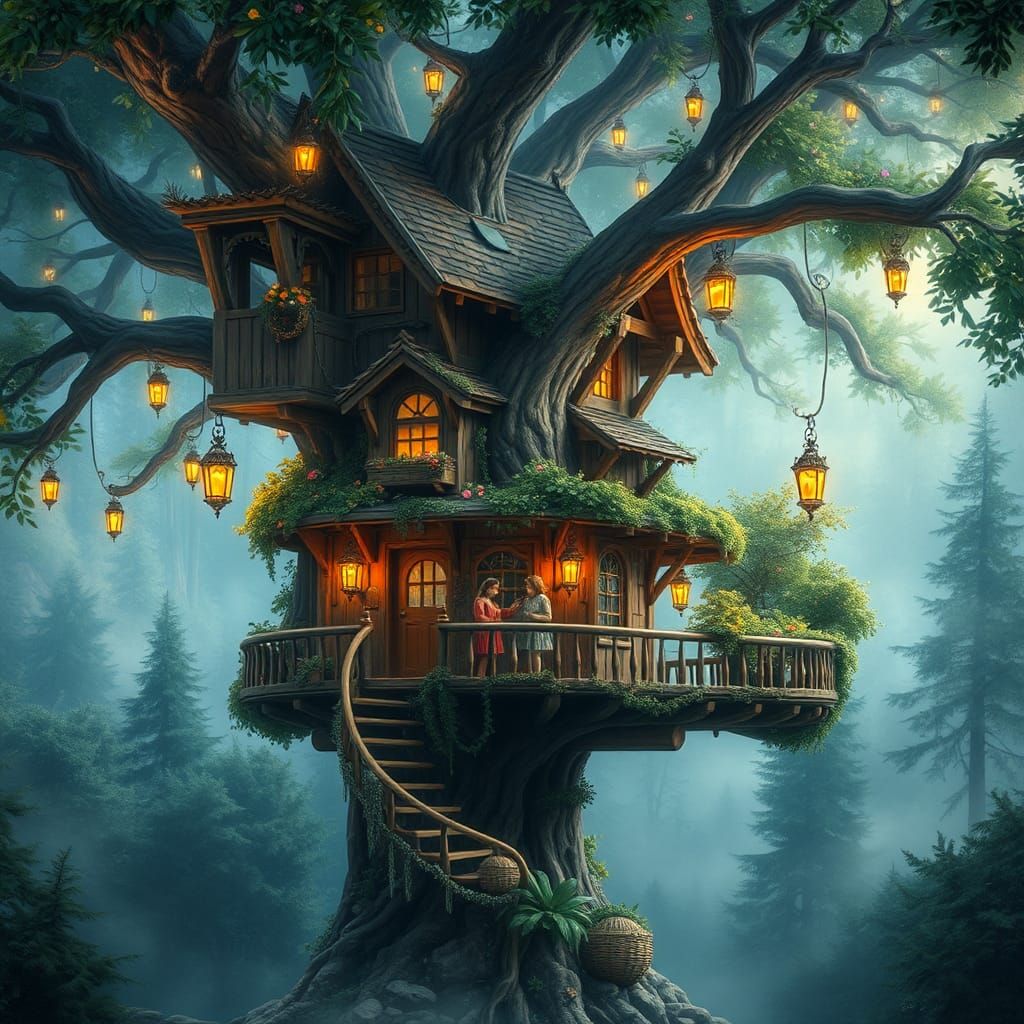 Mystical Treehouse in Enchanted Forest: Dreamlike Fantasy Ar...