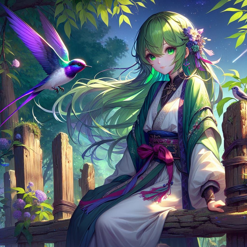 Anime Girl with Swallow in Matte Painting Style
