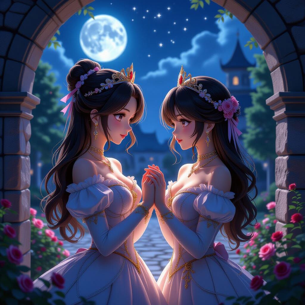 Princess in Rose Castle Courtyard Under Full Moon