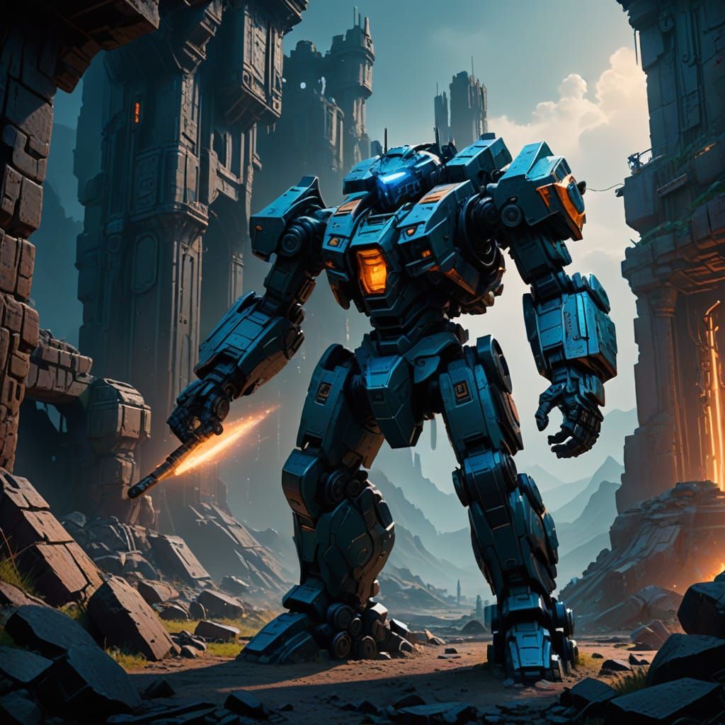 Guardians of the Ruins: Cyberpunk Mechs in Fantasy Landscape