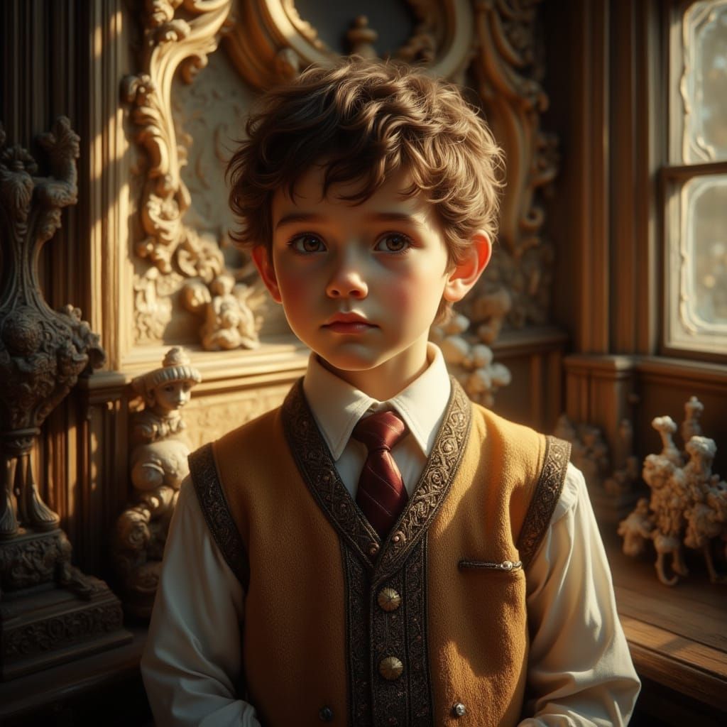 Elegant European Boy in Golden-Hued Chiaroscuro