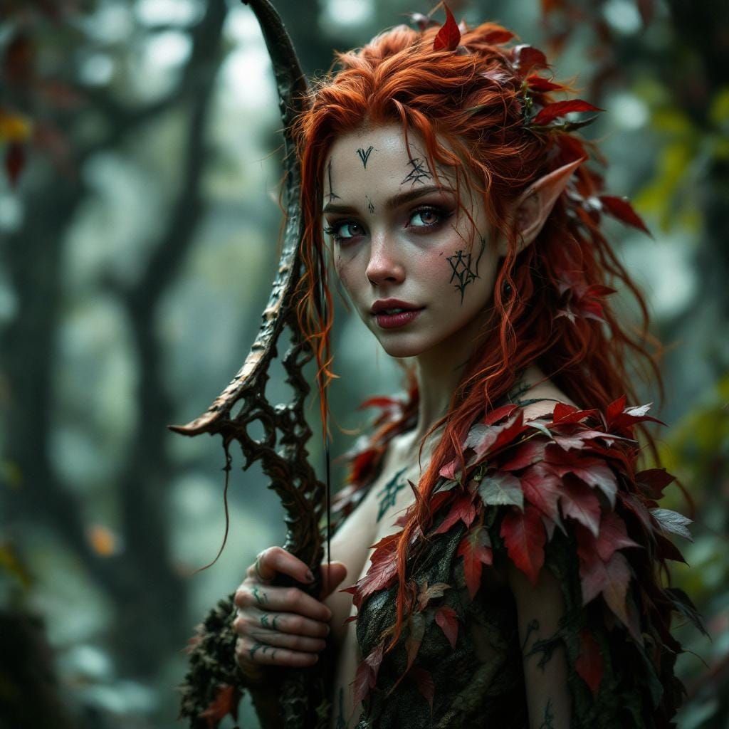Eladrin Druid with Red Hair in Cinematic Style