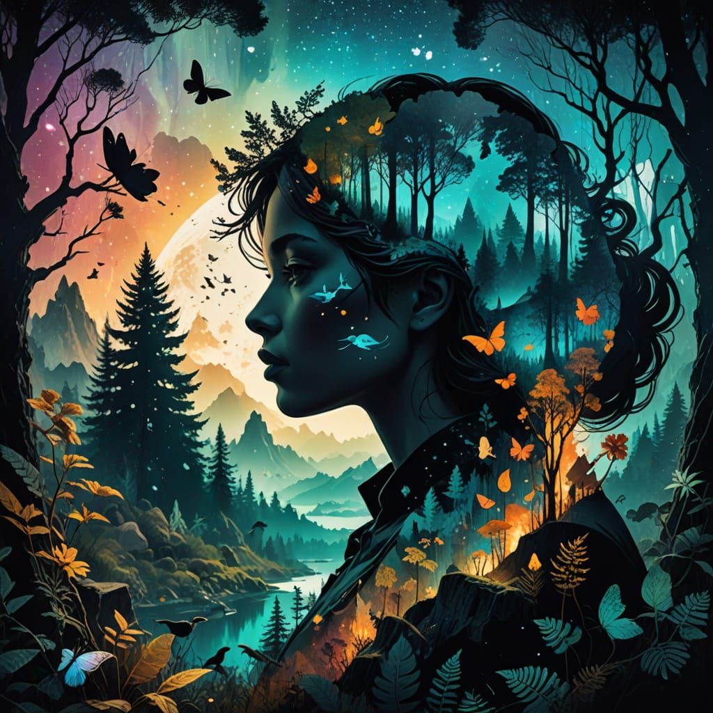 Ethereal Double Exposure Masterpiece in Cosmic Forest