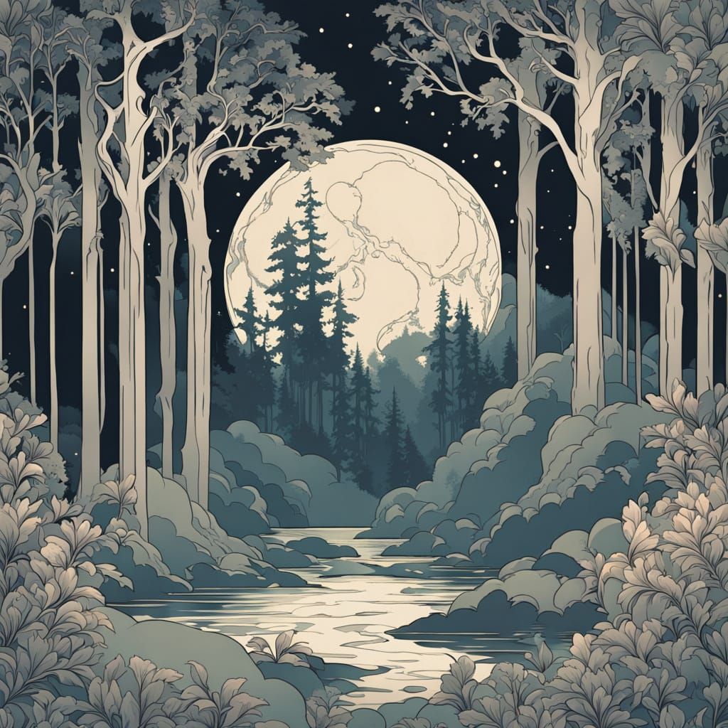 Art Deco Forest Scene in Moonlit Serenity