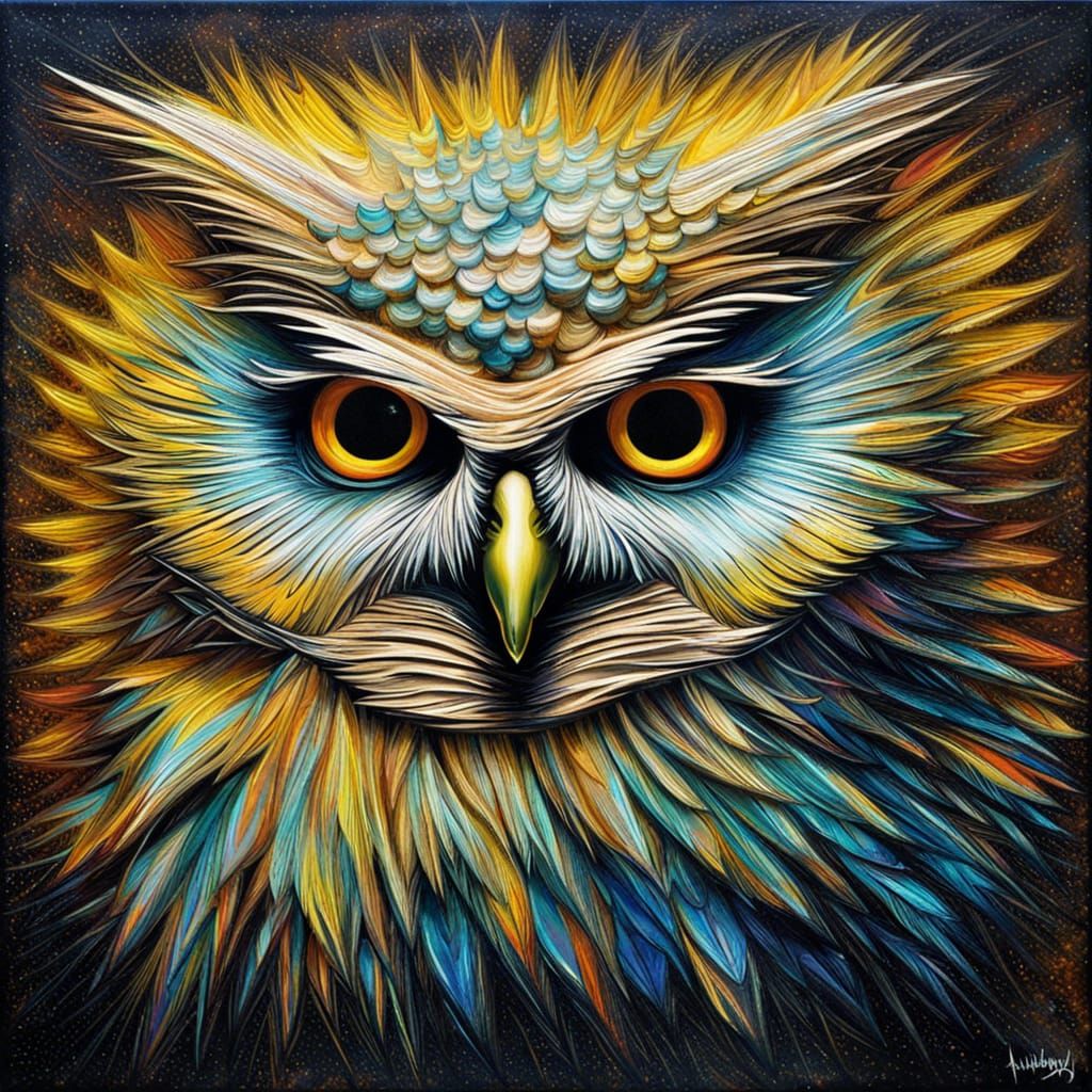 Grumpy Owl: Detailed Sci-Fi Impasto Painting