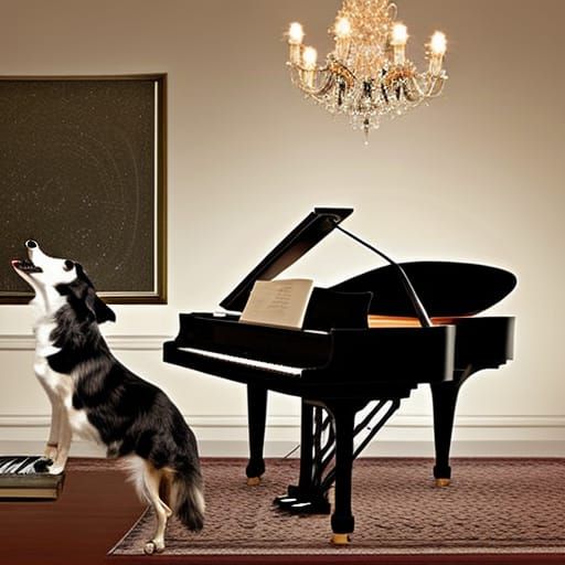 Elegant Woman Plays Piano with Collie