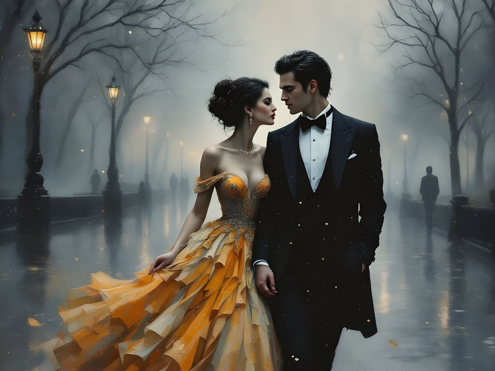 Elegant Couple Strolls Through Central Park at Night