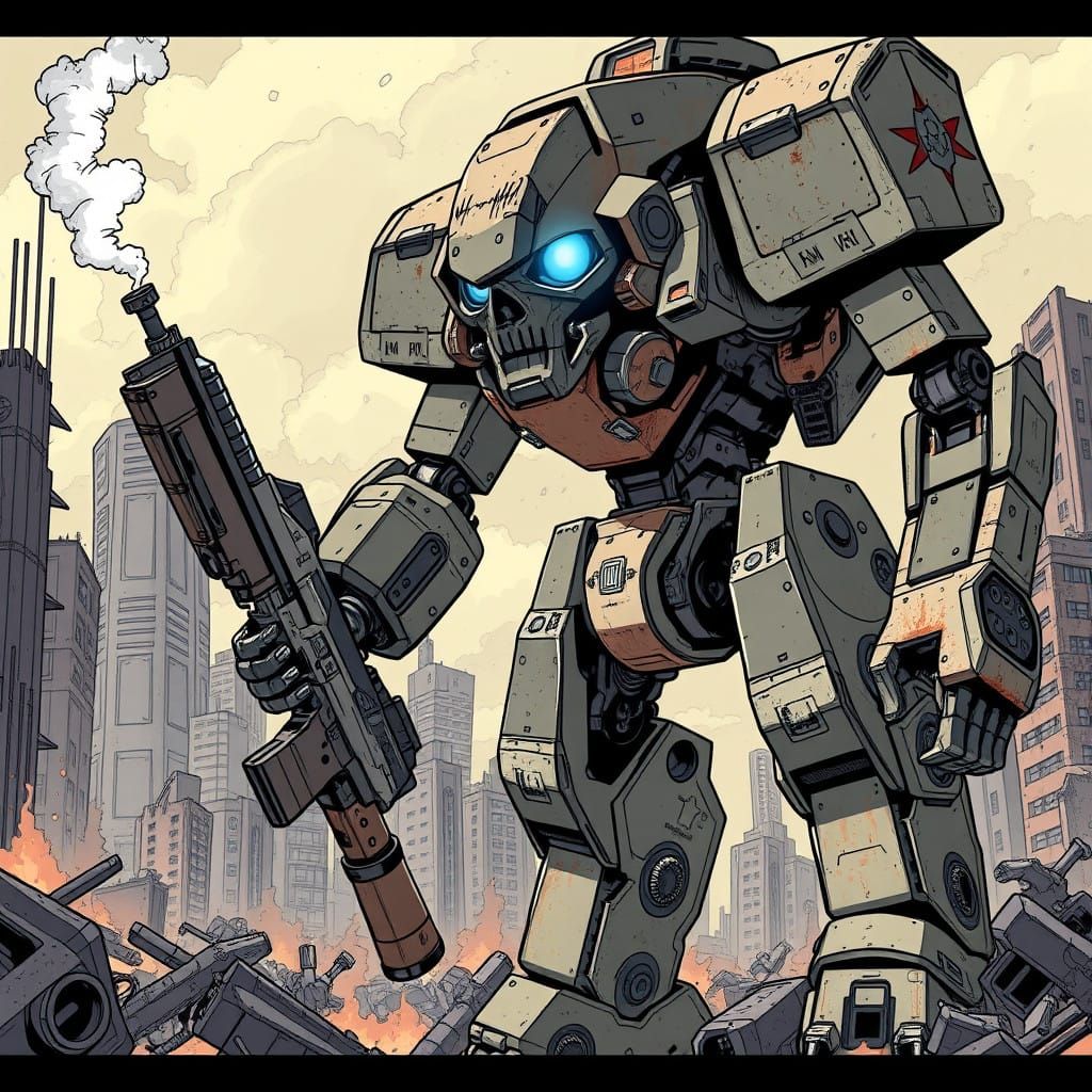 Humanoid Mech of Despair Towers over Ruined City in Comic Bo...