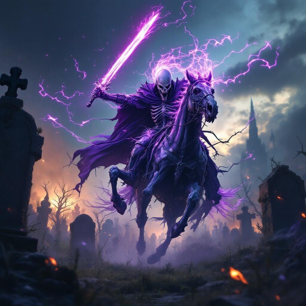 Skeletal Knight Charging Through Graveyard in Digital Art