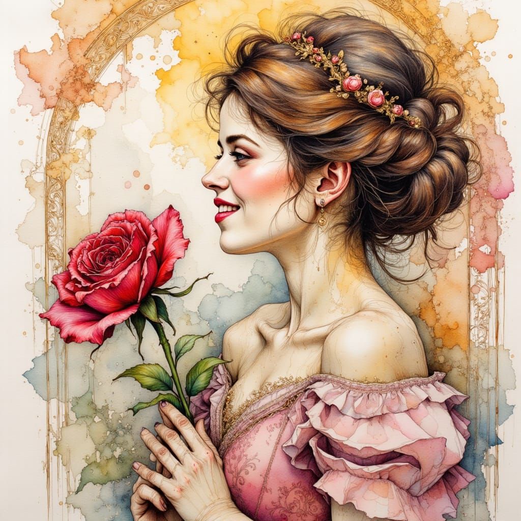 Belle with Rose: Detailed Pen and Ink Masterpiece