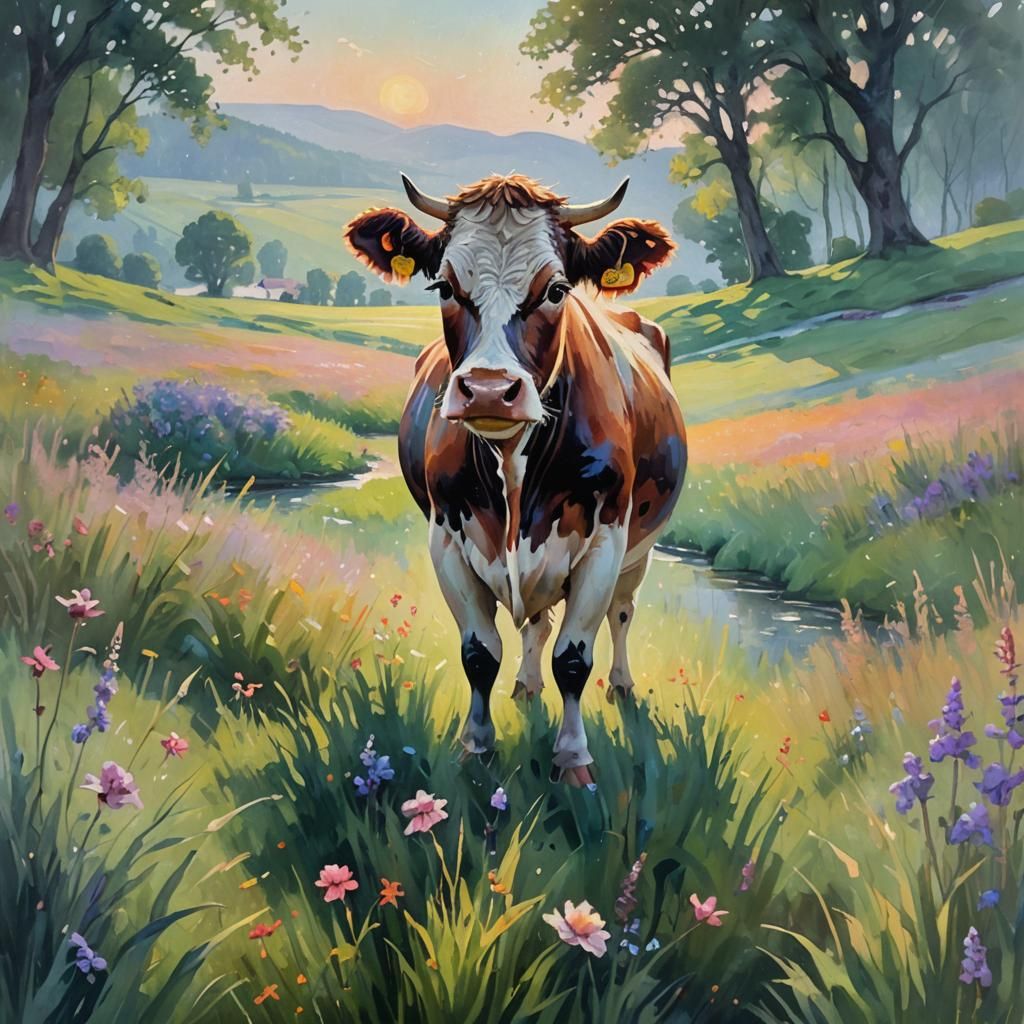 Swiss Cow in Impressionist Landscape Painting
