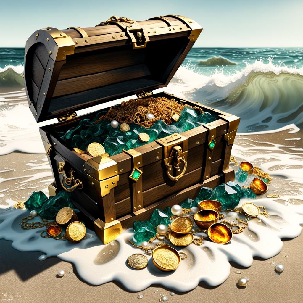 Treasure Chest Overflowing on Seashore in Hyperrealism