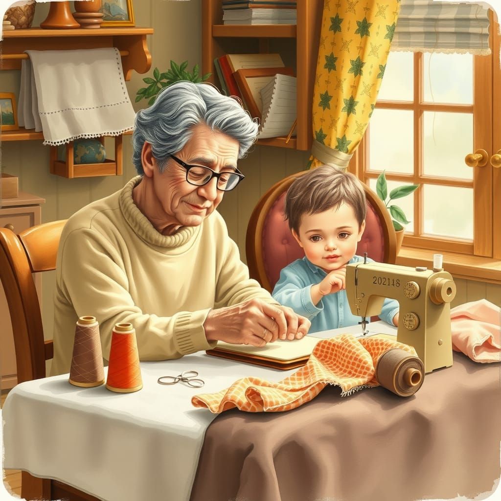 Cozy Sewing Lesson in Watercolor Style