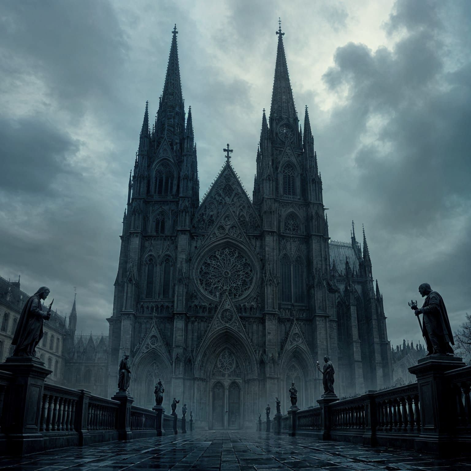 Gothic Cathedral Silhouette in Stormy Twilight