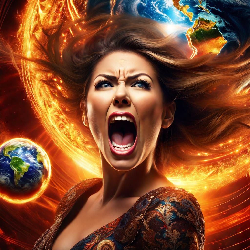 Woman's Rage Against Exploding Earth in Hyperrealism