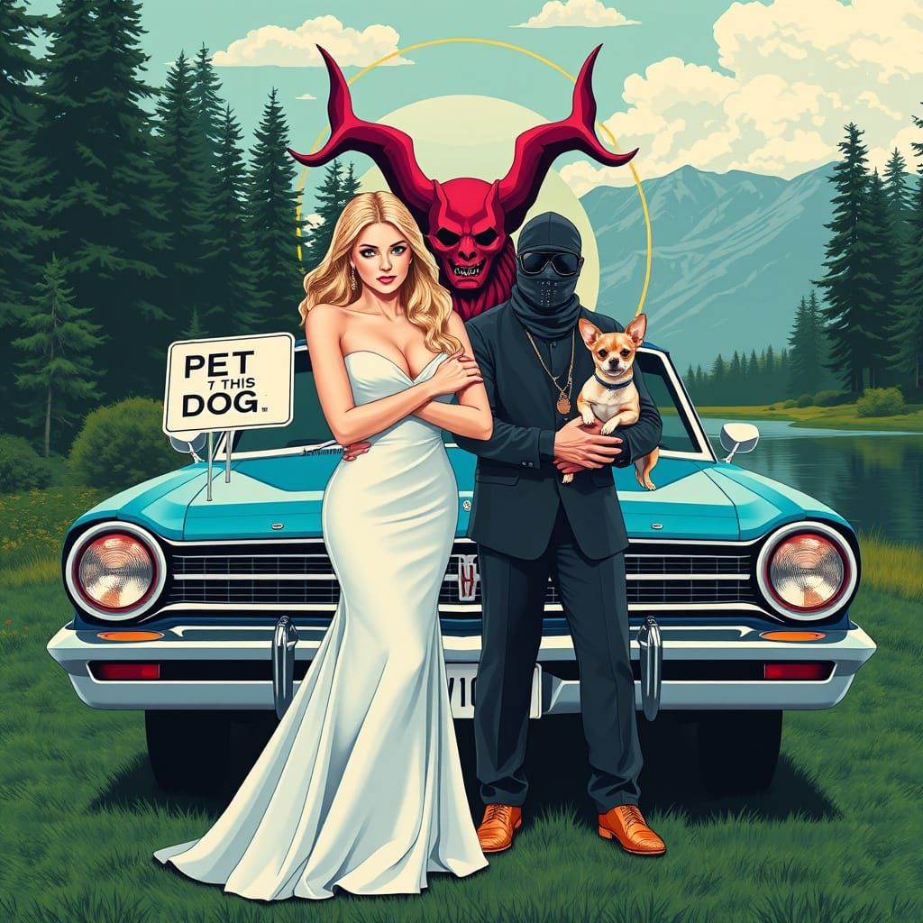 Elegant Girl and Her Canine Companions Amidst a Retro Landsc...