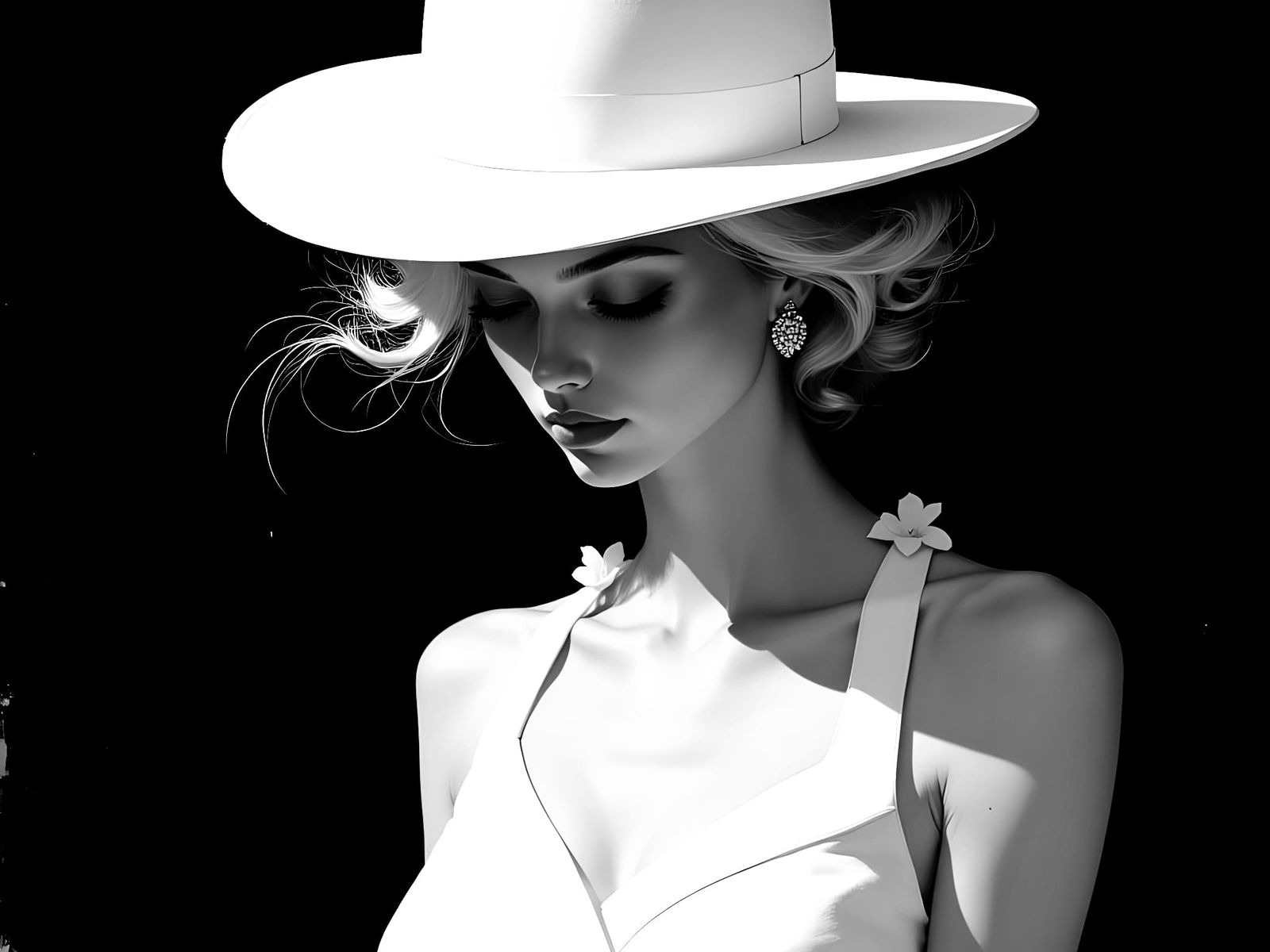 Ethereal Woman in White Attire on a Black Background