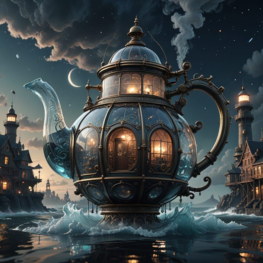 Fantasy Glass Teapot City Over Dark Ocean