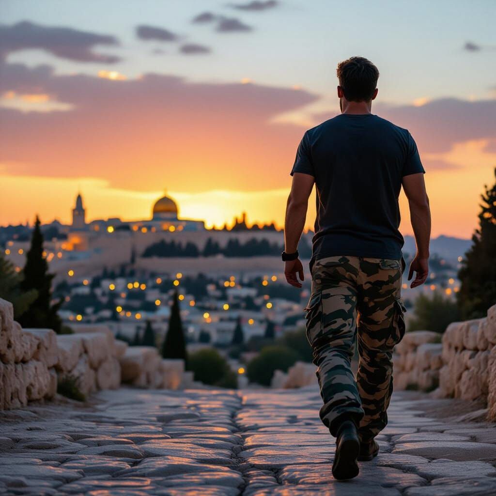 Man Walks Towards Mount of Olives at Dusk