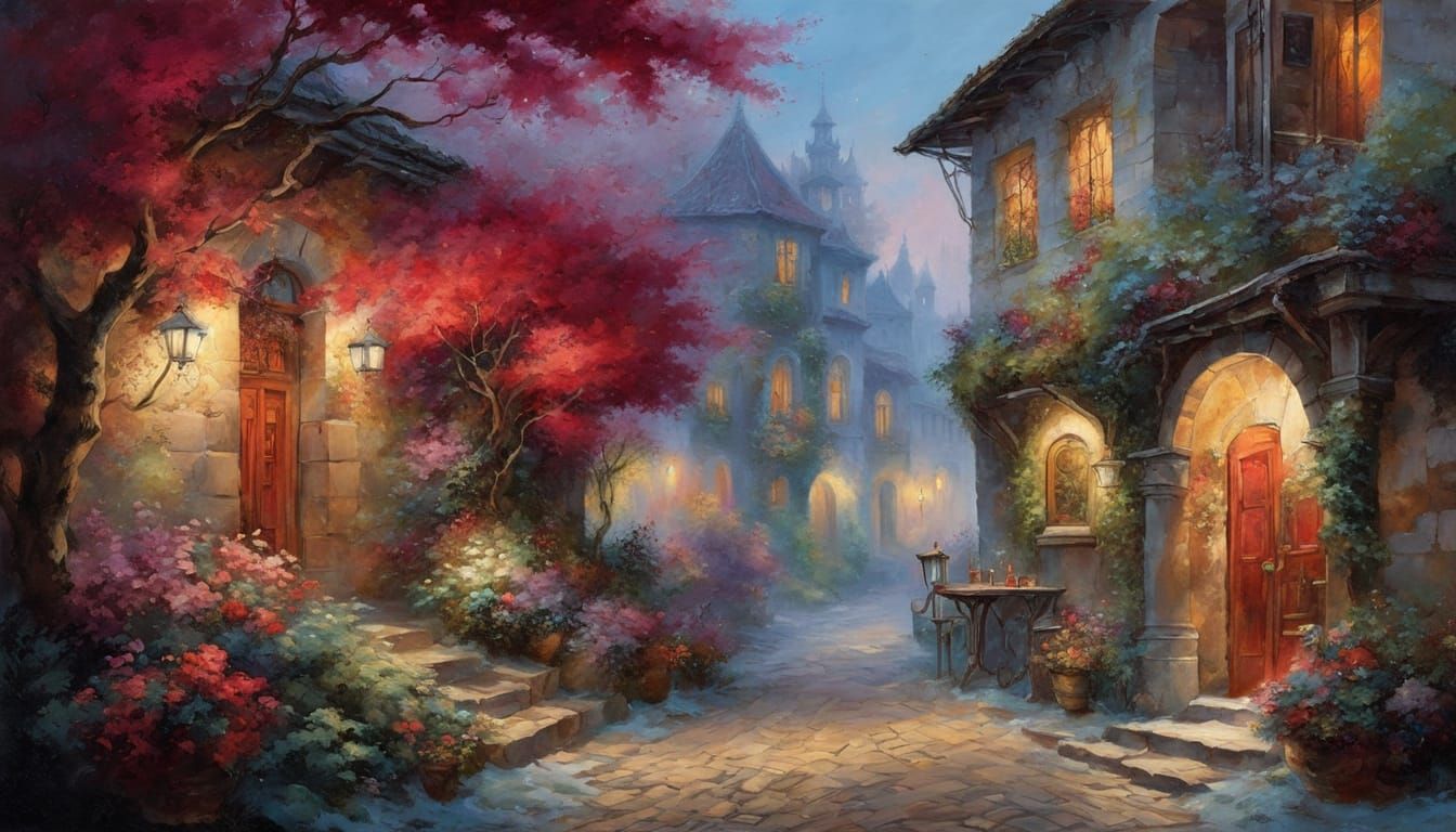 Vibrant Colonial Alley in Ethereal Winter Mist