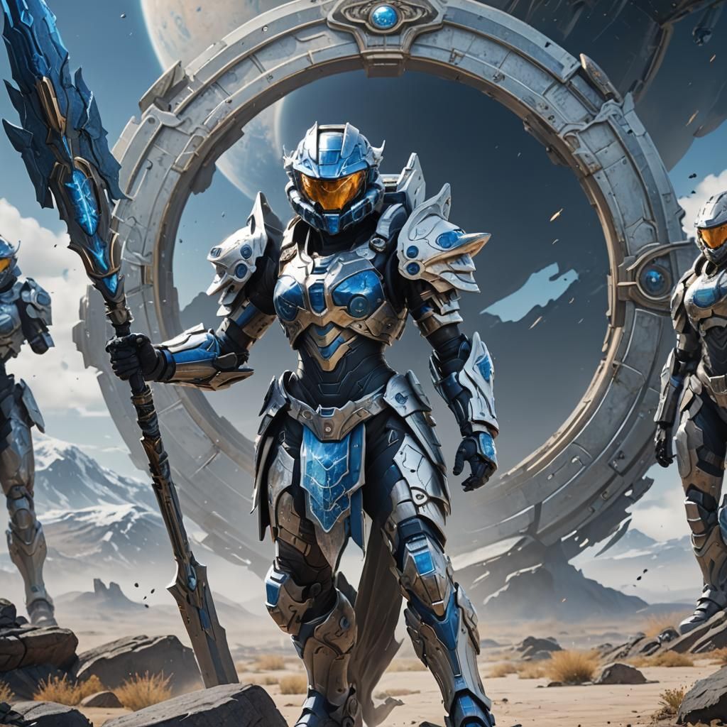 Armored Woman Warrior on Blue Planet
