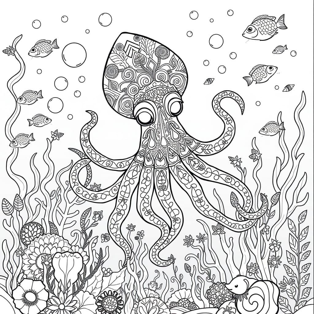 Majestic Squid in Whimsical Underwater World