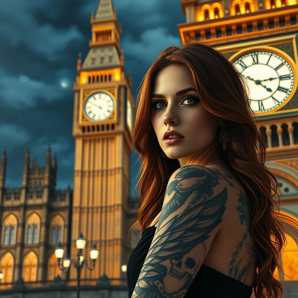 Auburn Haired Woman with Tattoos on a Magnificent Night