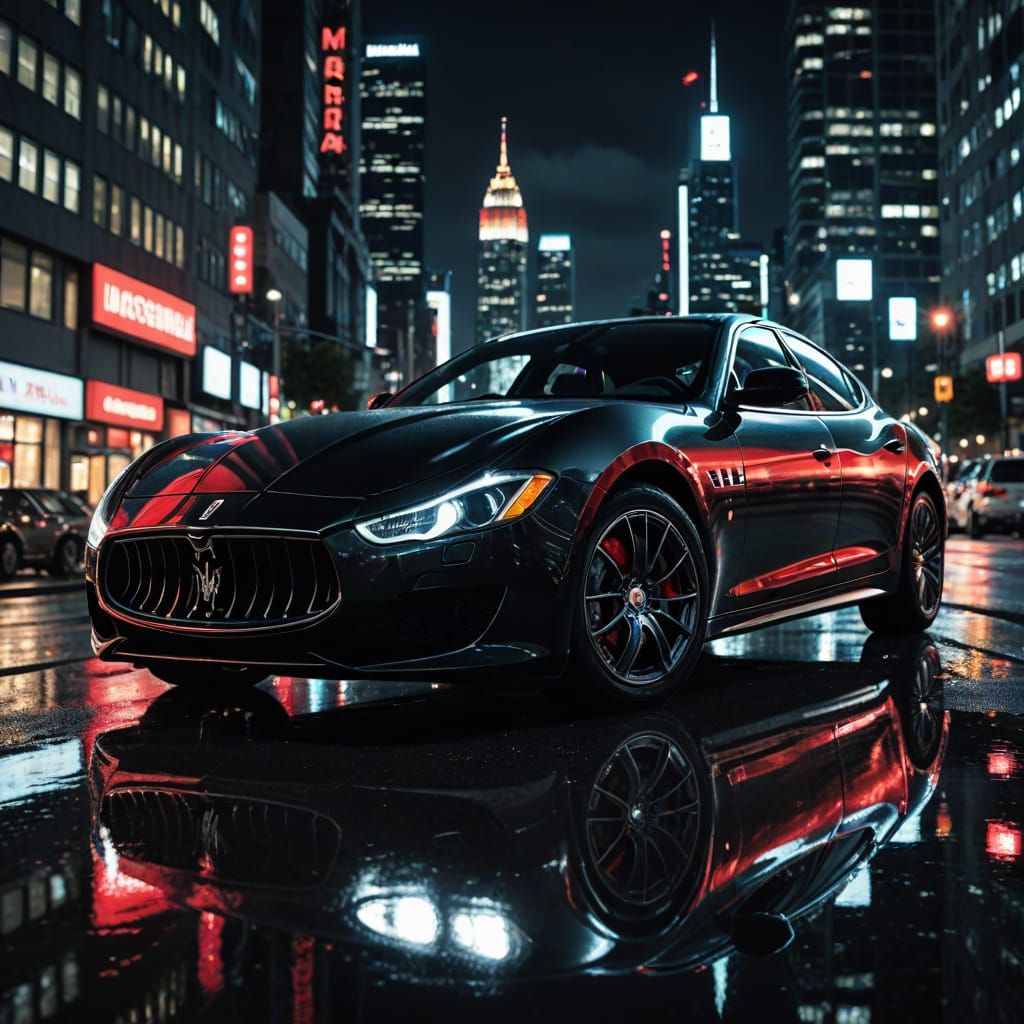 Maserati Emblem Reflecting Cityscape in Detailed Matte Paint...