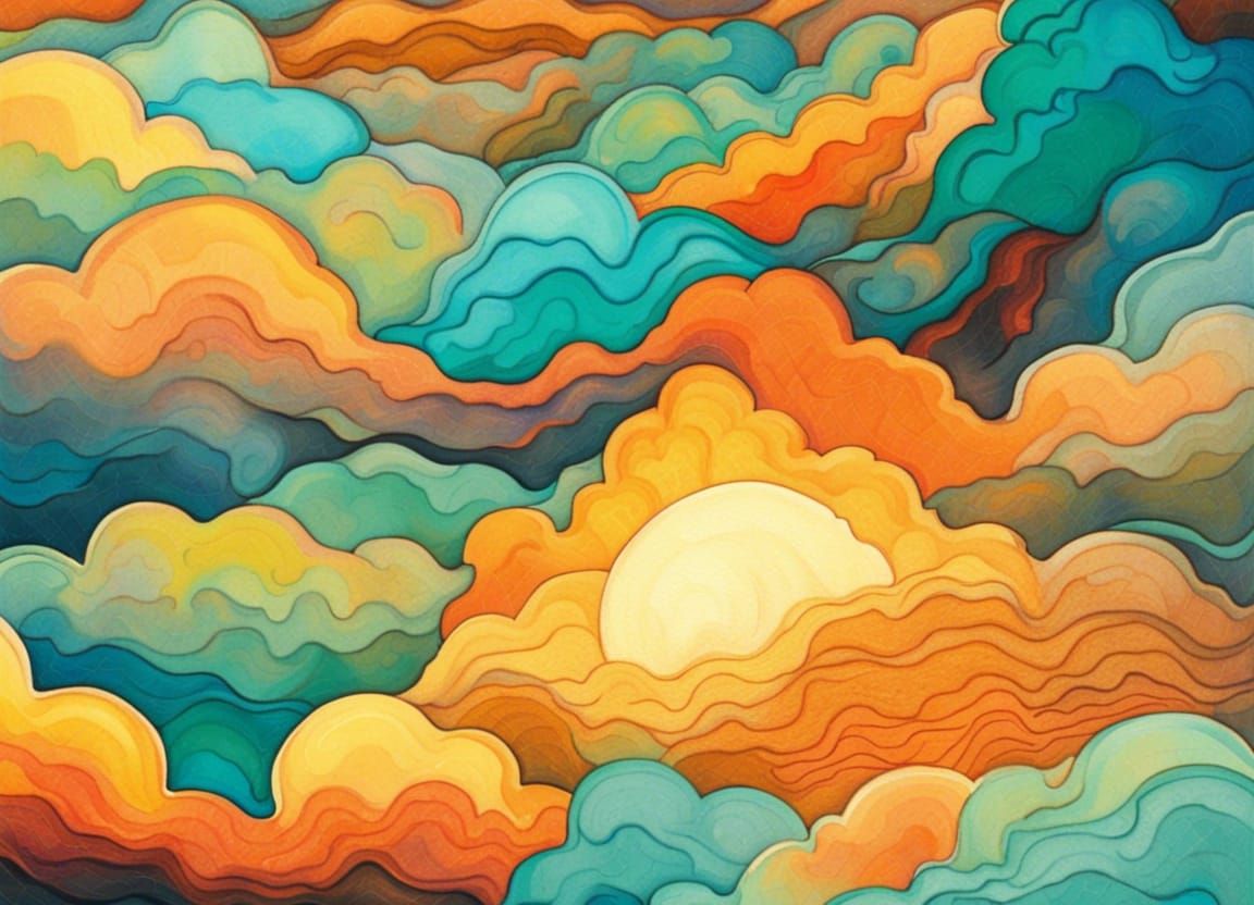 Colorful Sunset with Wave-Like Clouds in Gouache Watercolor