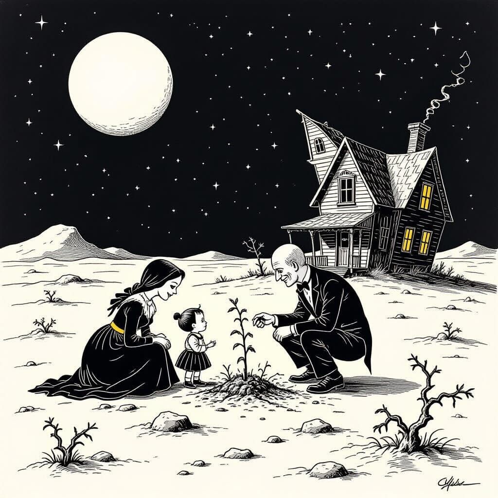 Gothic Family Homesteads on the Moon in Addams Style