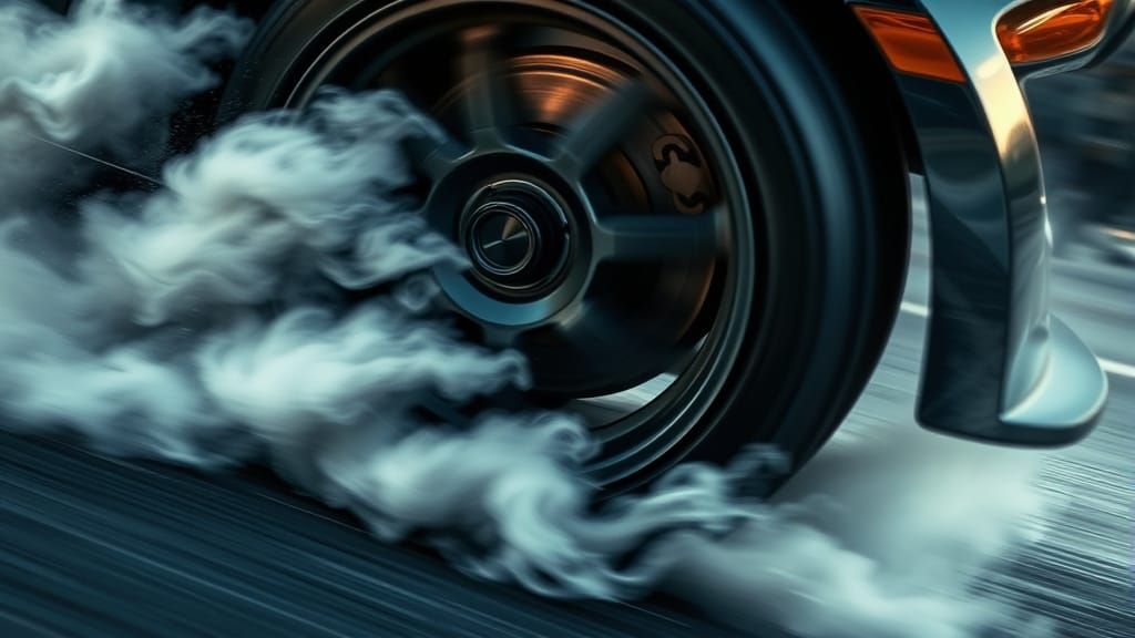 Car Tire Drifting on Asphalt with Smoke and Dust
