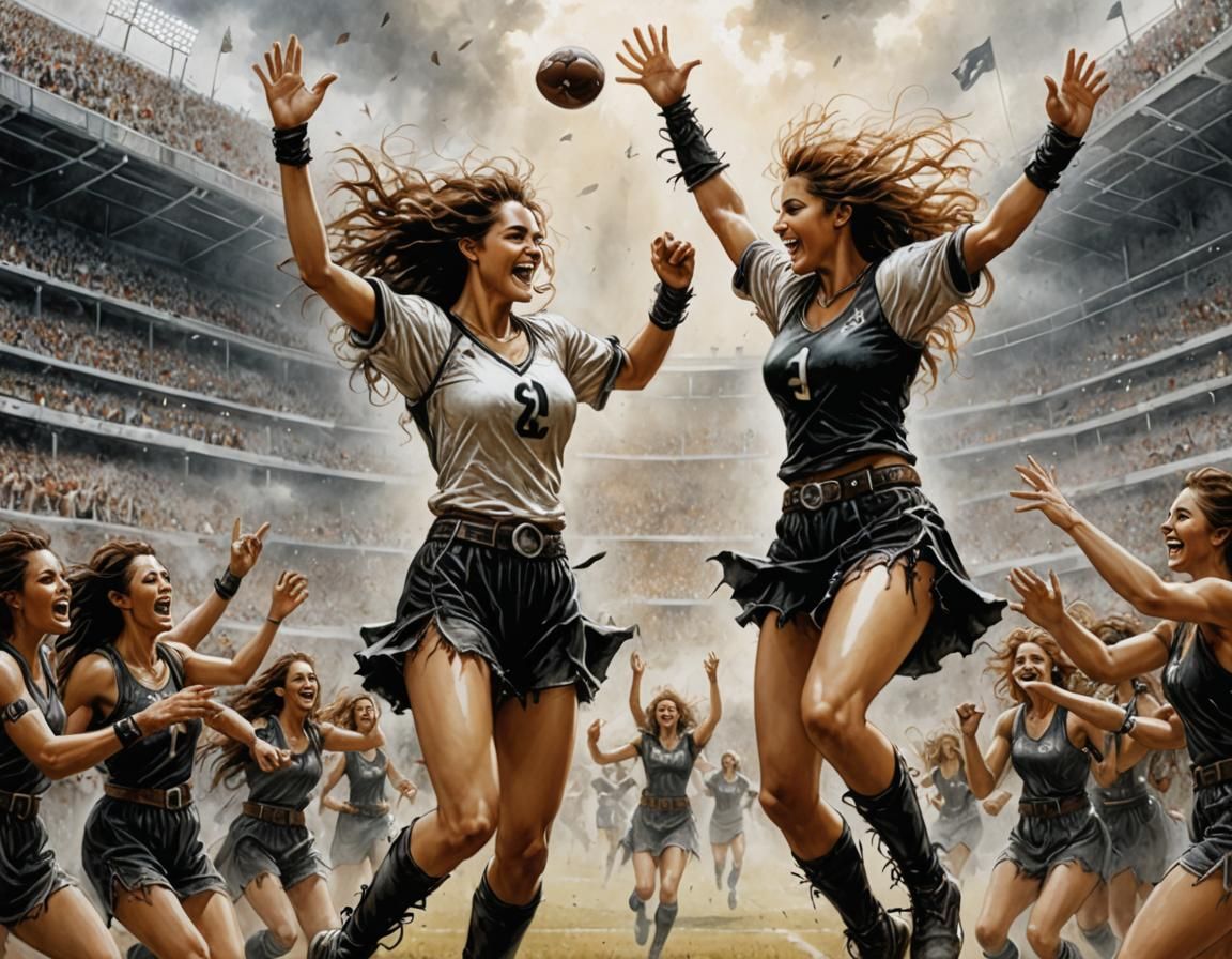 Two Women Celebrate Football Victory in Royo Style