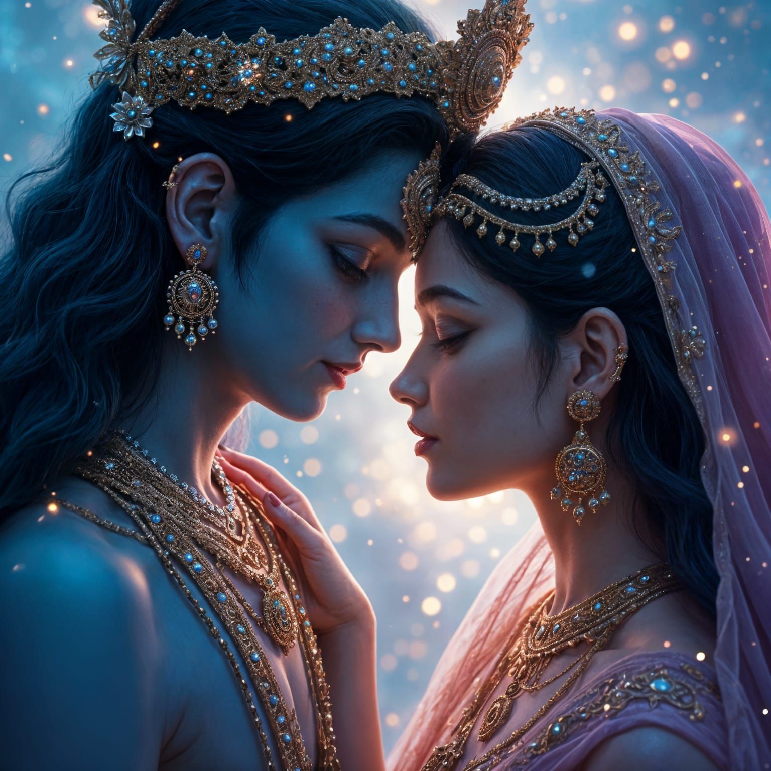 Divine Cosmic Portraits of Lord Krishna and Radha