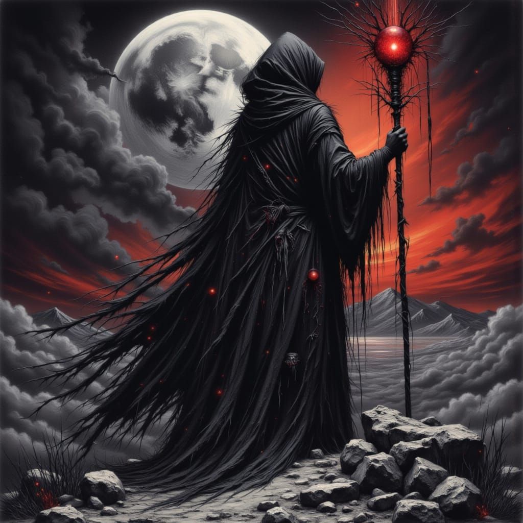 Eclipsed Moon: Charcoal Drawing of a Warlock