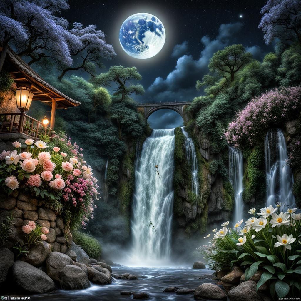 Woman in Moonlight by Waterfall, Hyperrealistic HDR