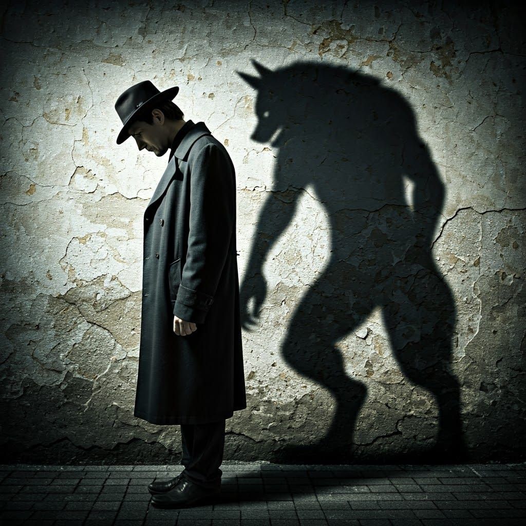 Man's Shadow Transforms into a Standing Werewolf in Gothic N...