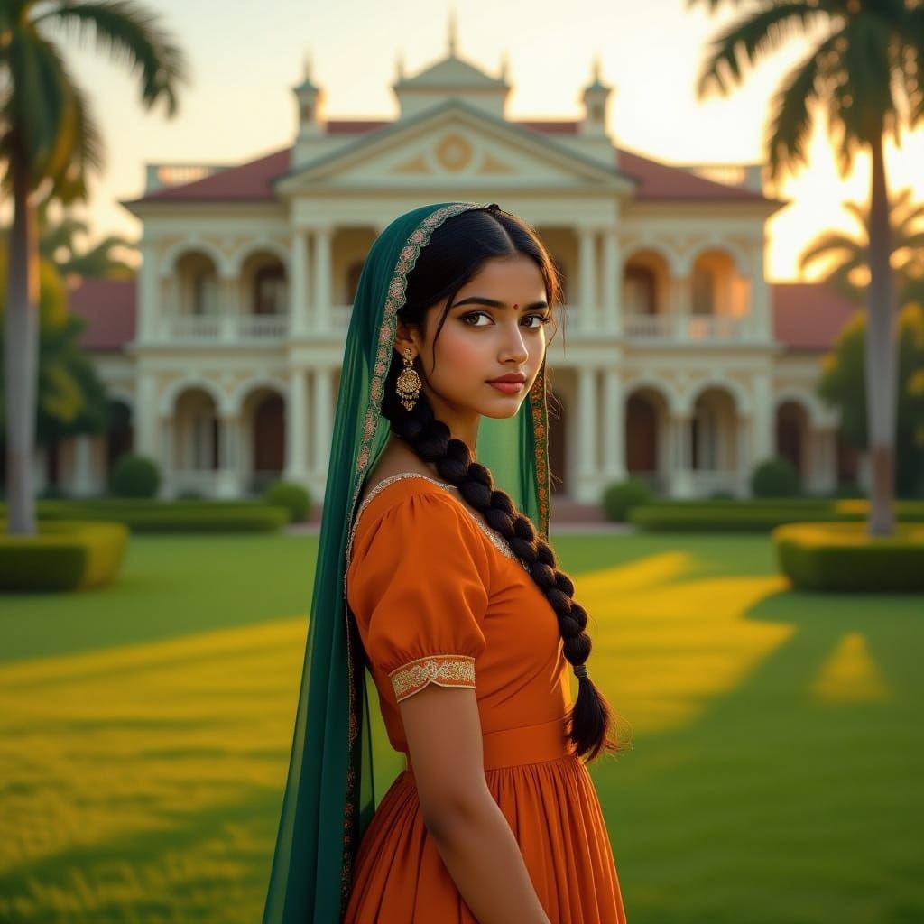 Indian Girl in Orange Dress at Colonial Mansion