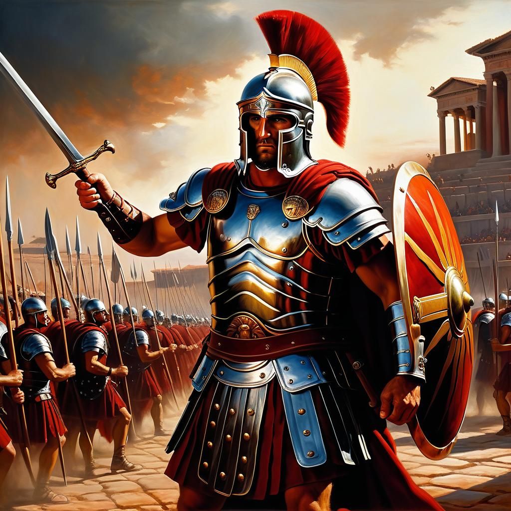 Roman Centurion in Oil Painting Style Battle Scene