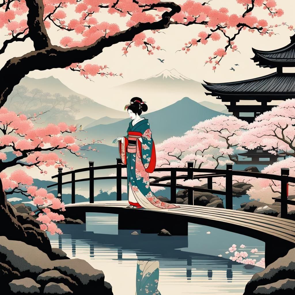 Geisha in Japanese Garden, Ukiyo-e Style