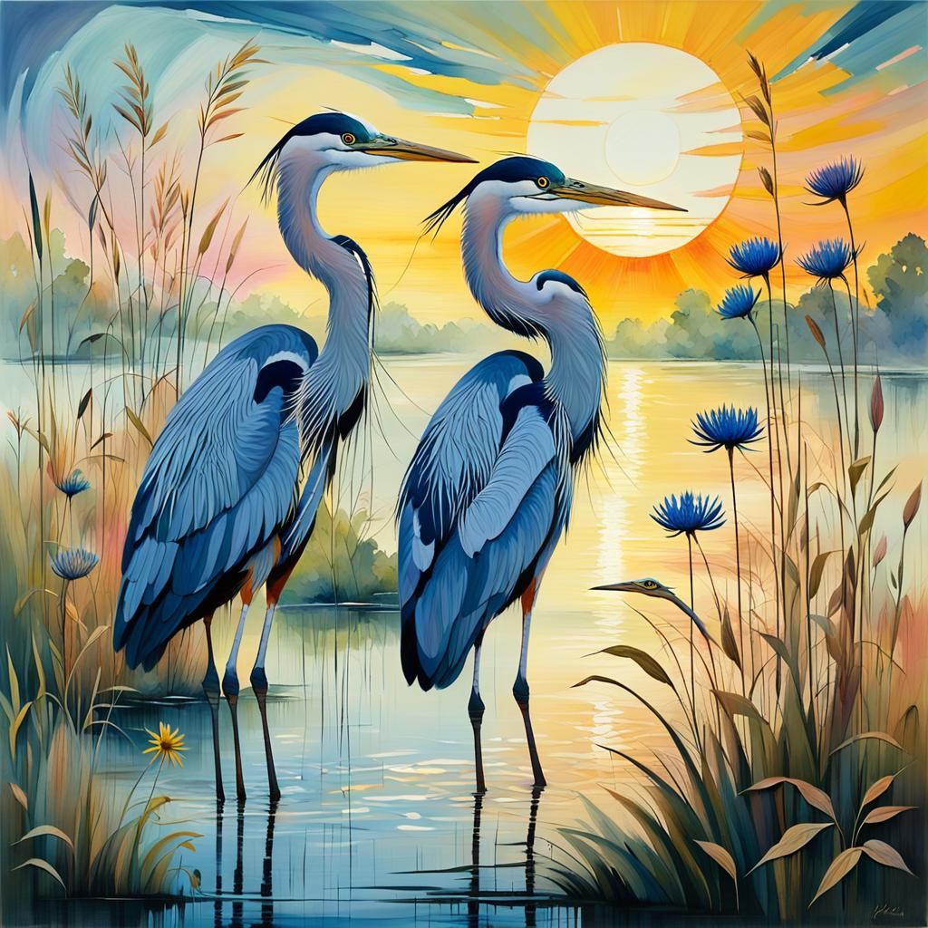 Herons at Sunset: Abstract Expressionist Mixed Media Collage