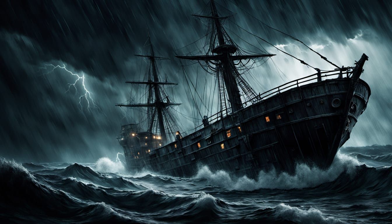 Captain Navigating Stormy Sea in Horror Illustration Style