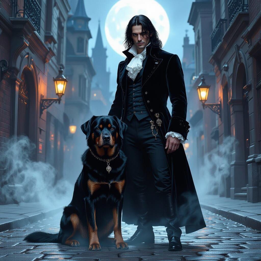 Gothic Man and Rottweiler on Moonlit Street