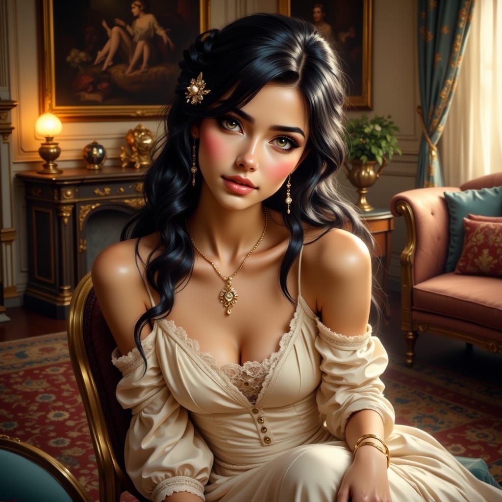 Elegant Woman in Golden Hour Light in Vintage Parlor