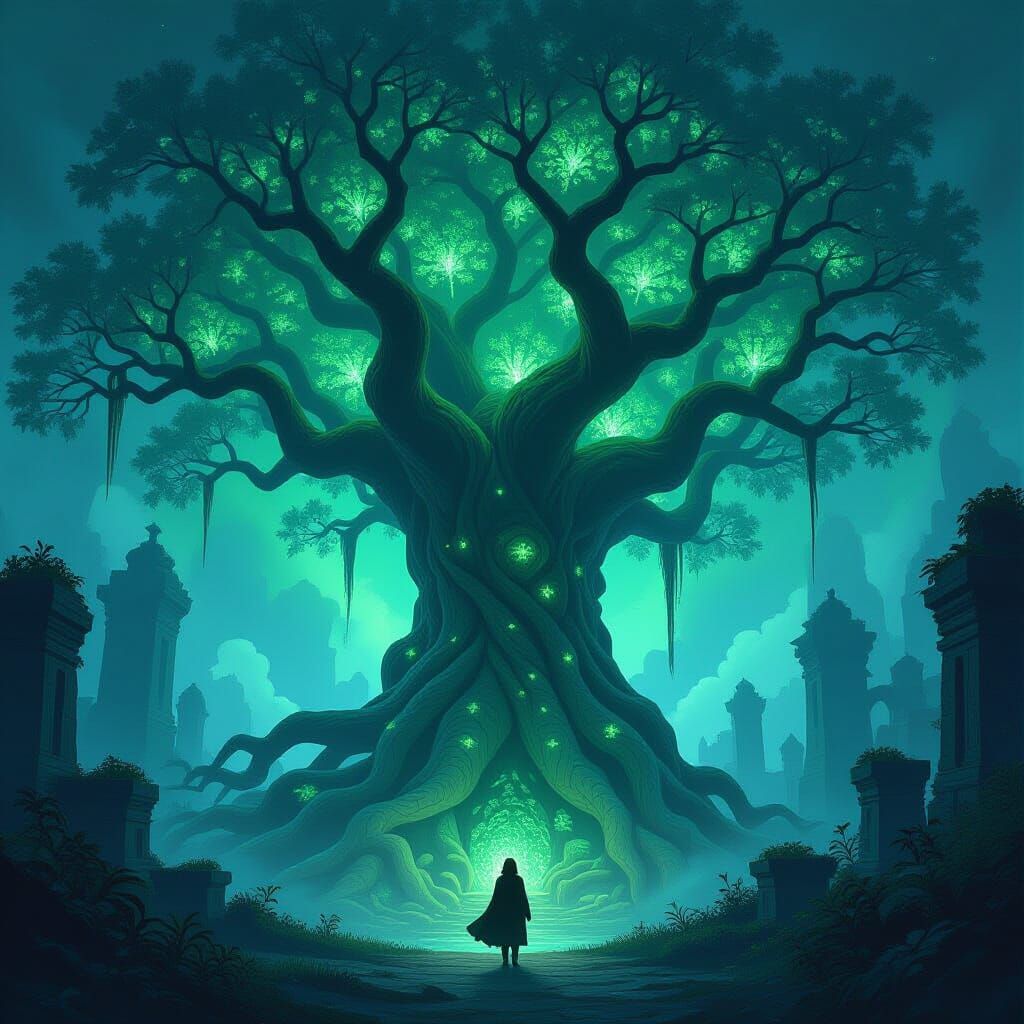 Ancient Bioluminescent Tree in Ethereal Forest Ruins