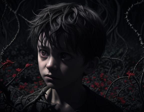 Child Lost in Nightmarish Thorny Garden, Surrealism